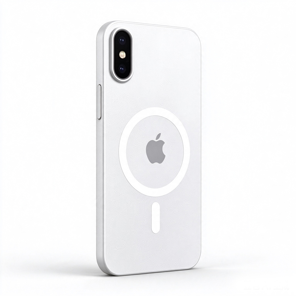 ZeekClub Graphite Snow magnetic iPhone case with textured white back and magnetic ring, side view