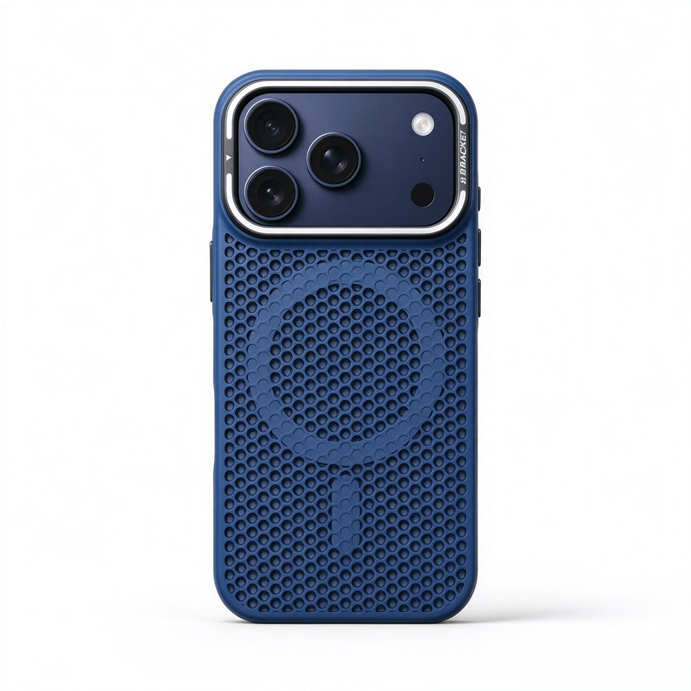 ZeekClub Hex Indigo magnetic iPhone case in deep blue with hex vent texture and silver camera frame, back view