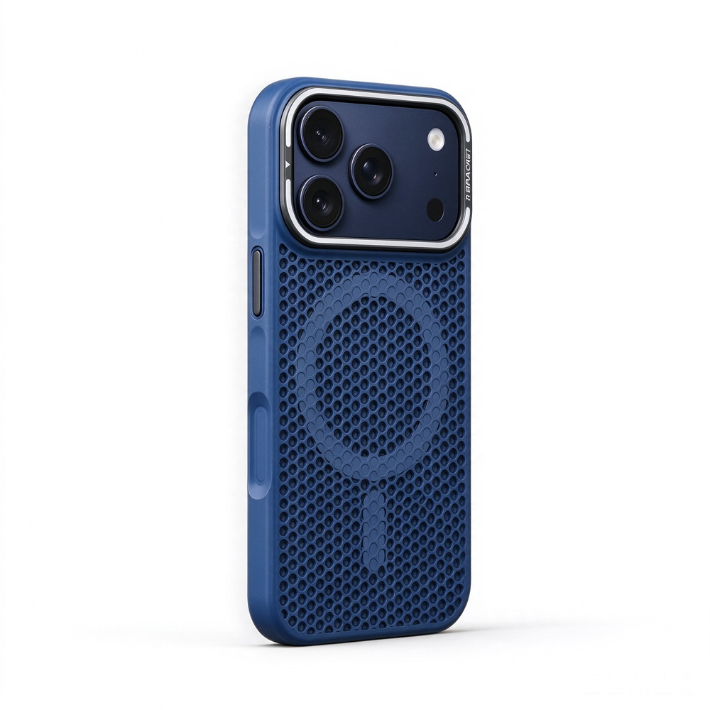 ZeekClub Hex Indigo magnetic iPhone case with hex vent design and raised camera guard, side view