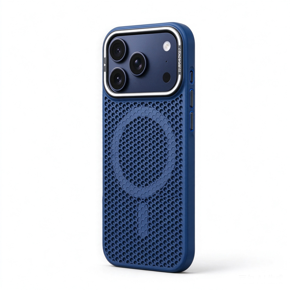 ZeekClub Hex Indigo magnetic iPhone case with triple lens camera frame, side view