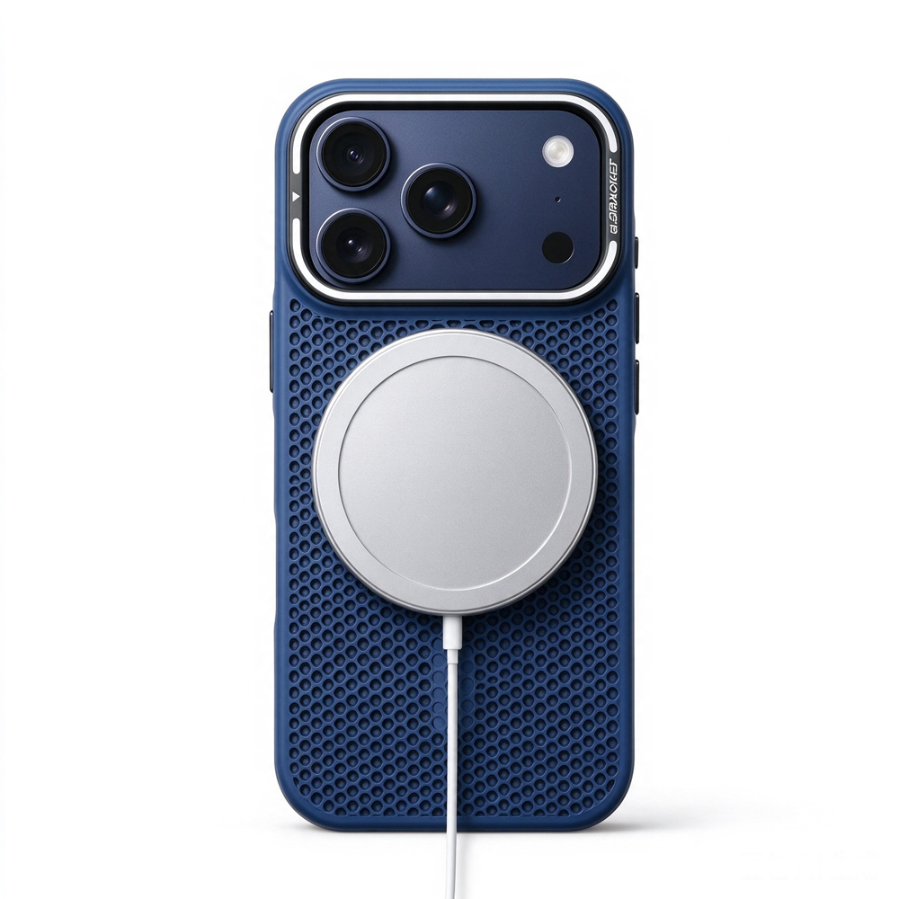 ZeekClub Hex Indigo magnetic iPhone case with wireless charger attached
