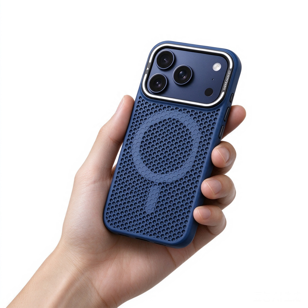 ZeekClub Hex Indigo vent texture magnetic iPhone case held in hand