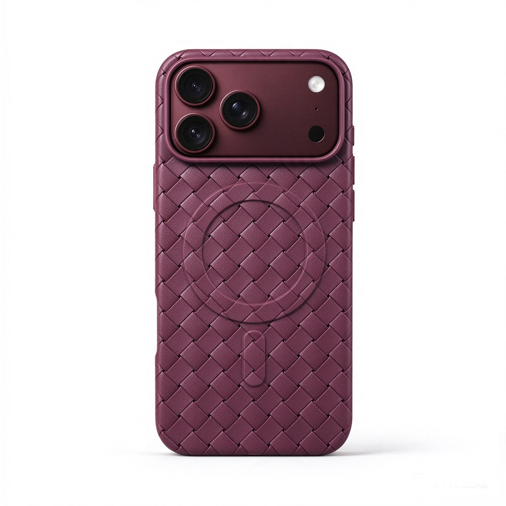 ZeekClub Loom Wine magnetic iPhone case in wine with woven texture and magnetic ring, back view