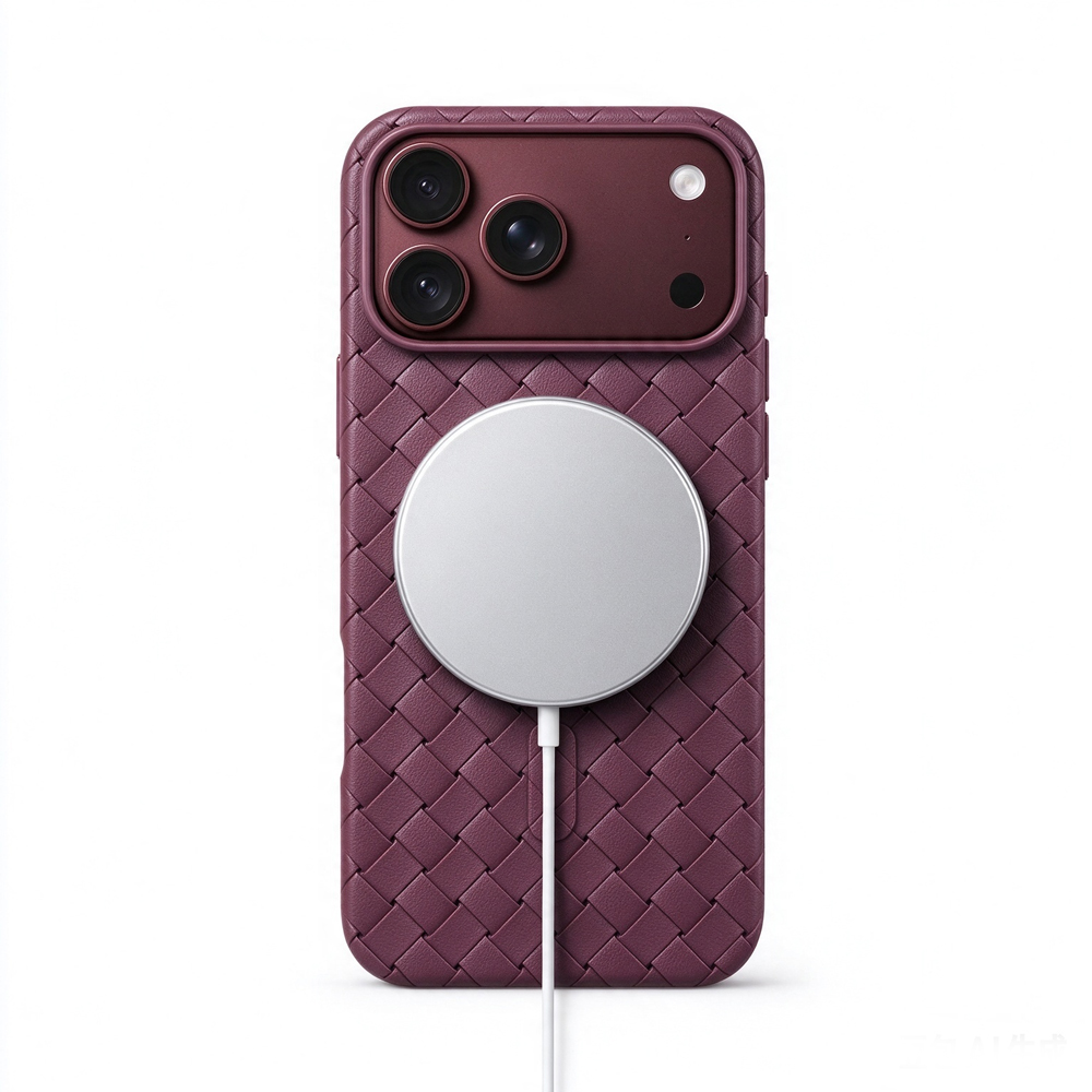 ZeekClub Loom Wine magnetic iPhone case with wireless charger attached