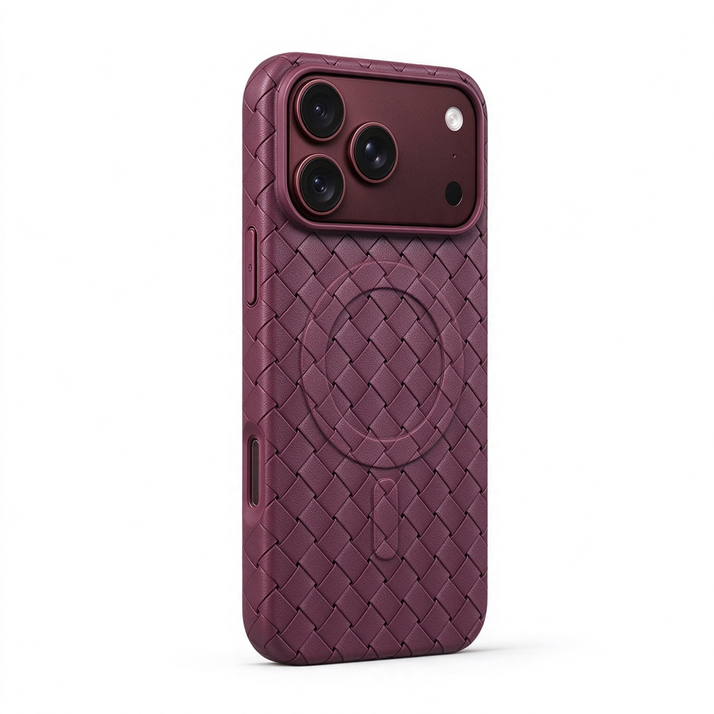 ZeekClub Loom Wine magnetic iPhone case with woven texture and raised camera guard, side view