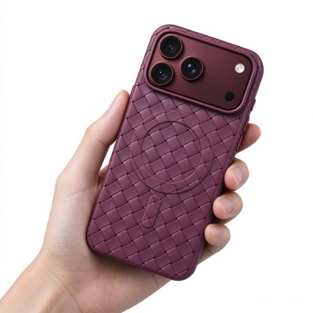 ZeekClub Loom Wine woven texture magnetic iPhone case held in hand