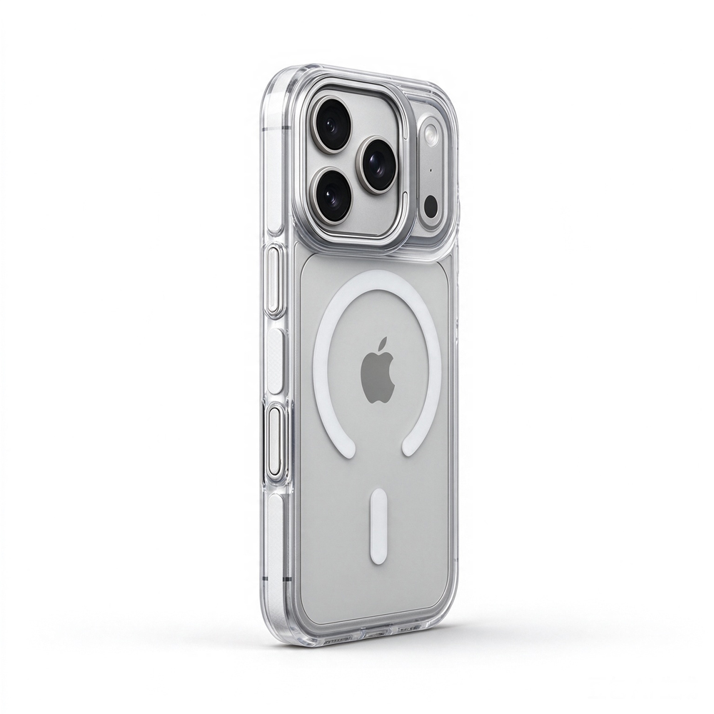 ZeekClub Lume Frost clear transparent iPhone case with white magnetic ring and raised camera frame, side view
