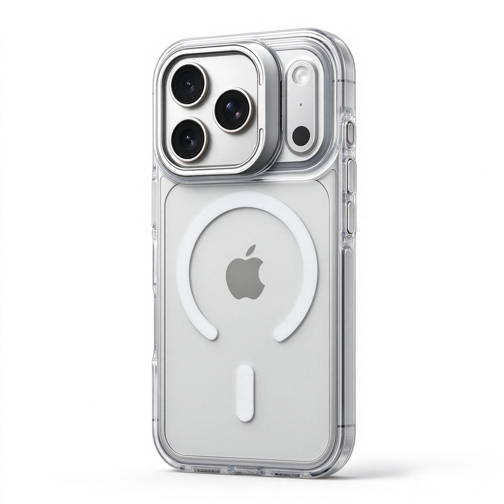 ZeekClub Lume Frost transparent magnetic iPhone case with white ring and raised camera frame, back view