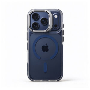 ZeekClub Lume Navy magnetic iPhone case in clear transparent finish with navy blue ring, back view
