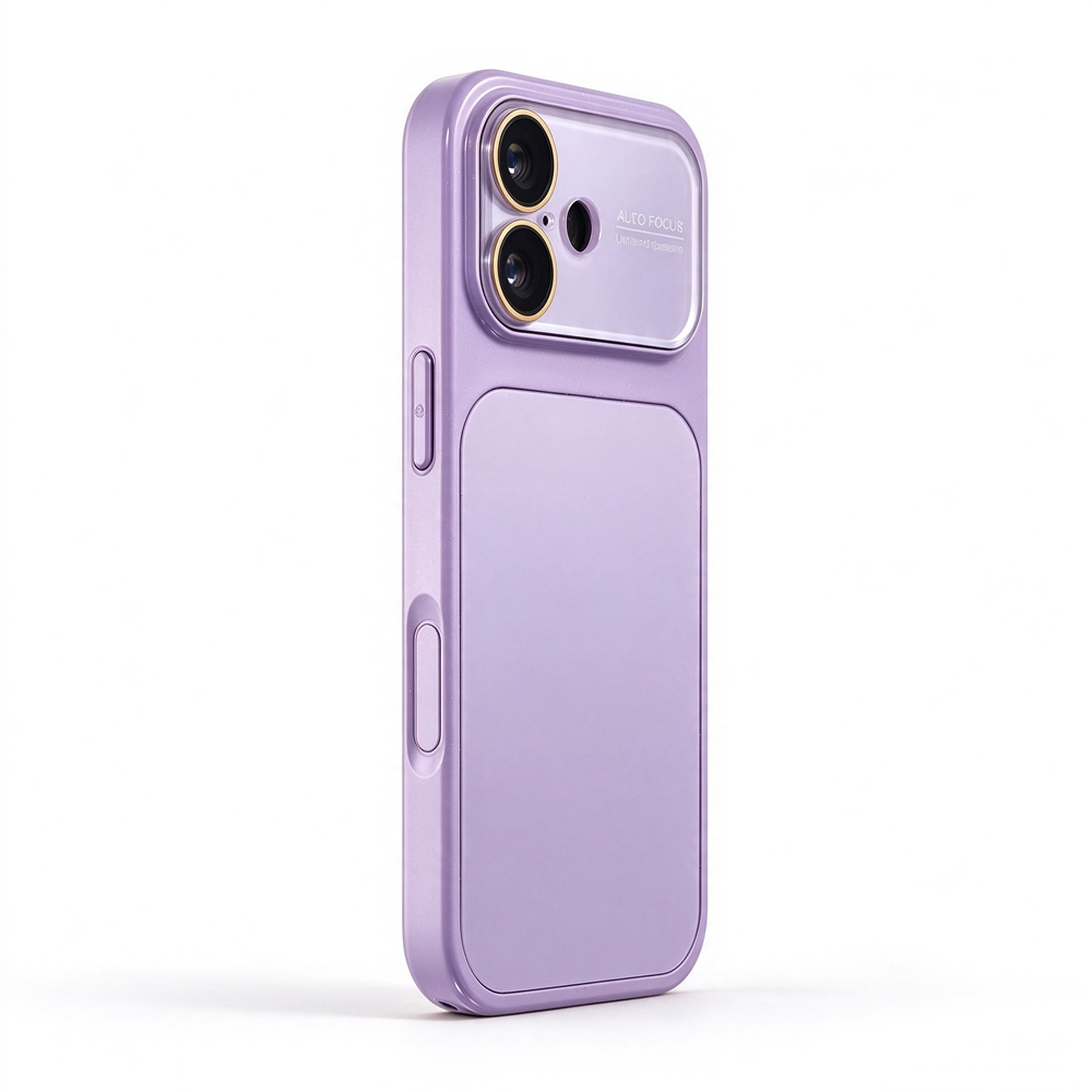 ZeekClub Milo Lilac light purple iPhone case with transparent camera guard and gold ring, side view