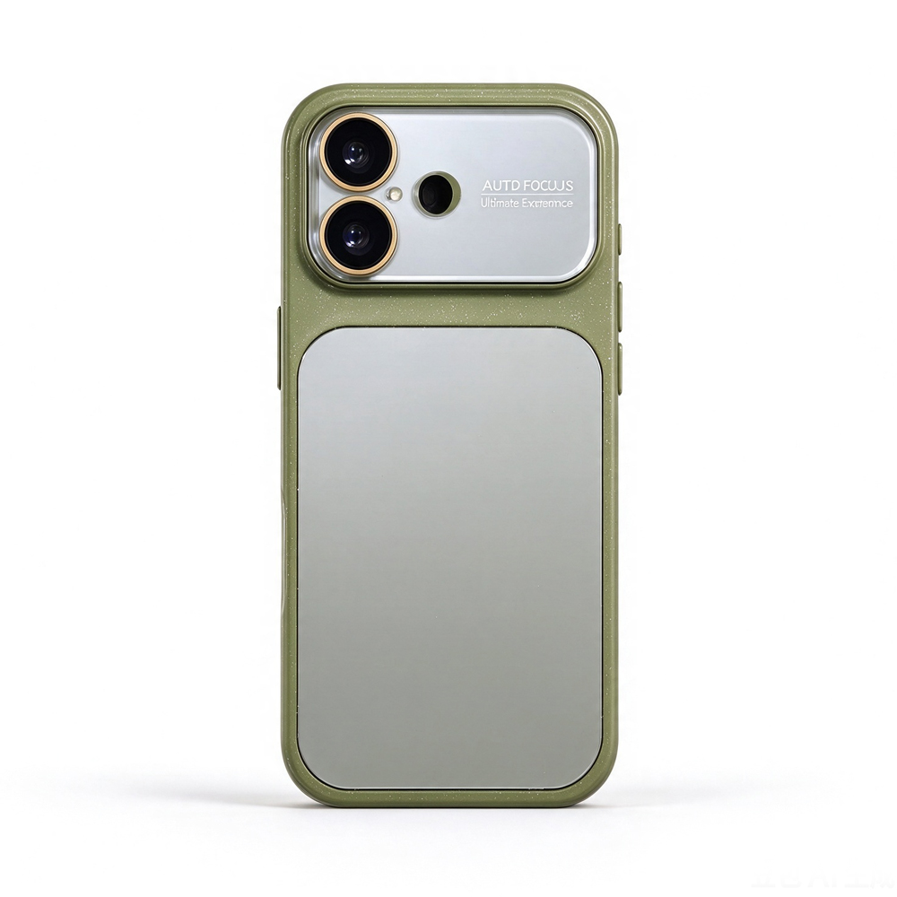 ZeekClub Milo Olive iPhone case in olive green with mirror back and transparent camera cover, back view