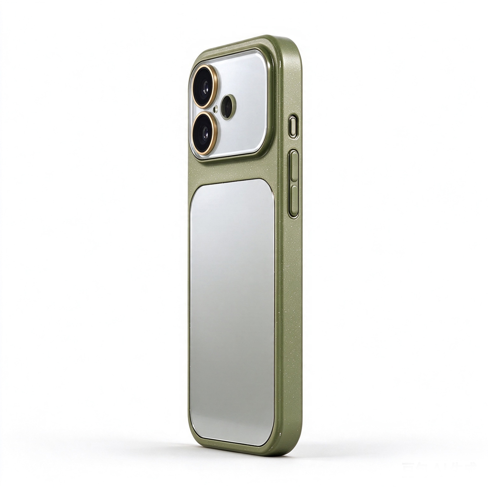 ZeekClub Milo Olive mirror back iPhone case with transparent camera guard, side view