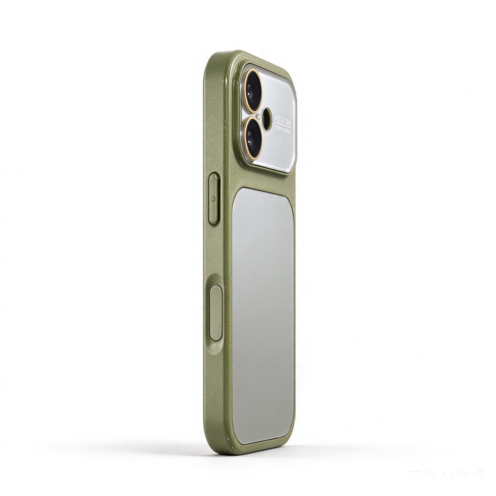 ZeekClub Milo Olive olive green iPhone case with mirror finish and gold camera ring, side view
