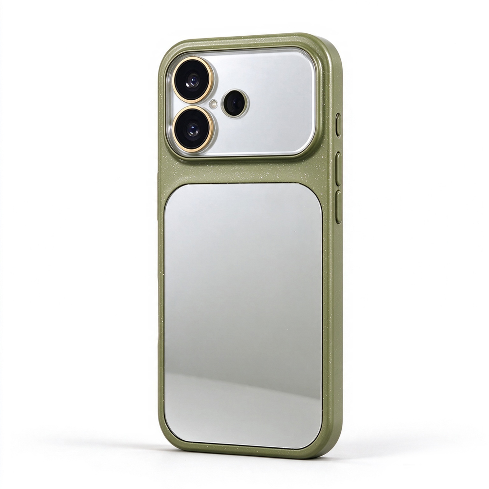 ZeekClub Milo Olive olive green iPhone case with mirror panel and dual camera guard, back view