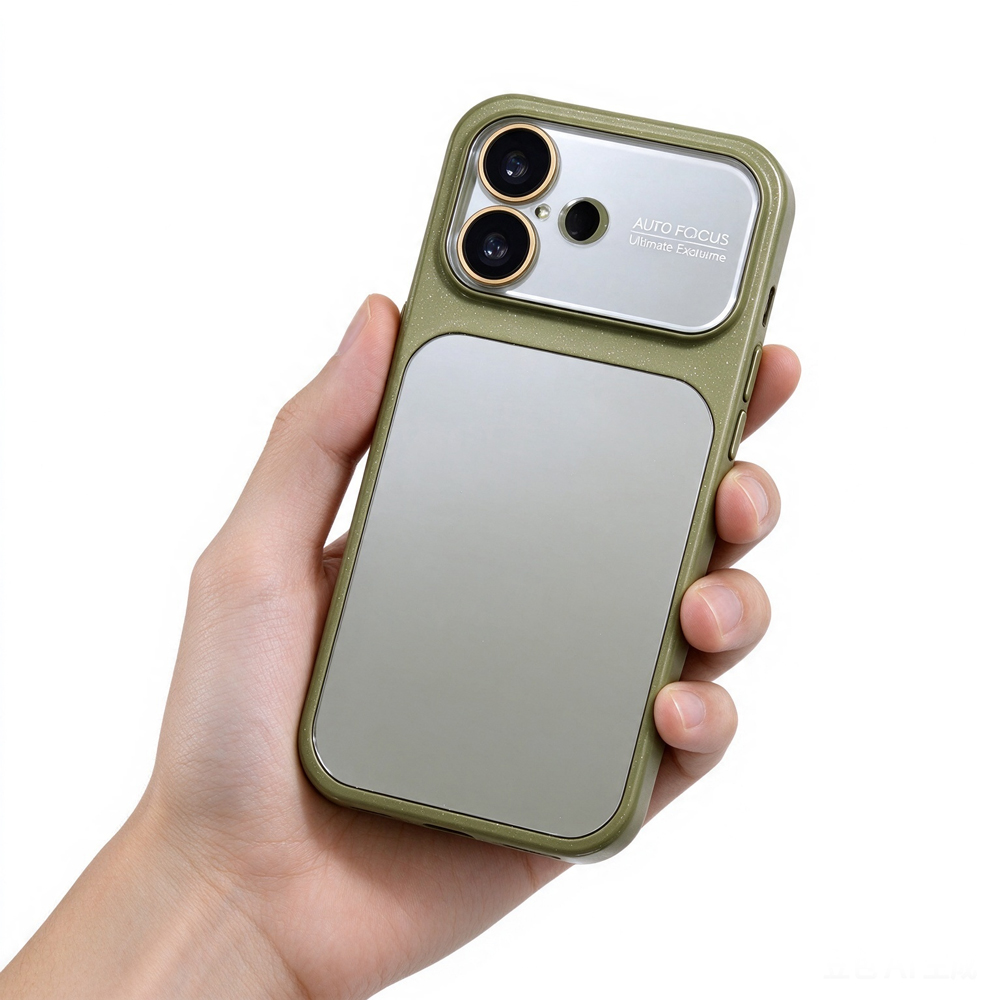 ZeekClub Milo Olive olive green mirror back iPhone case held in hand