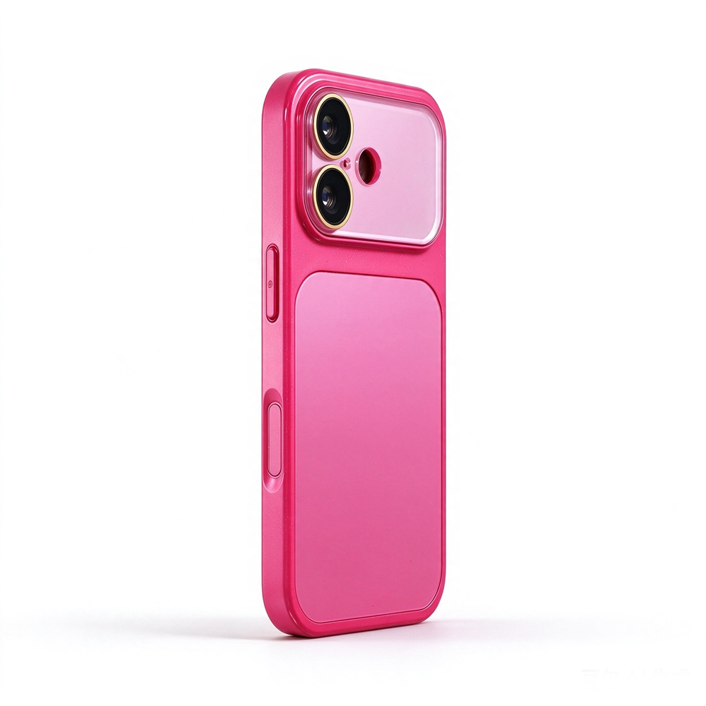 ZeekClub Milo Pink rose pink iPhone case with transparent camera guard and gold ring, side view