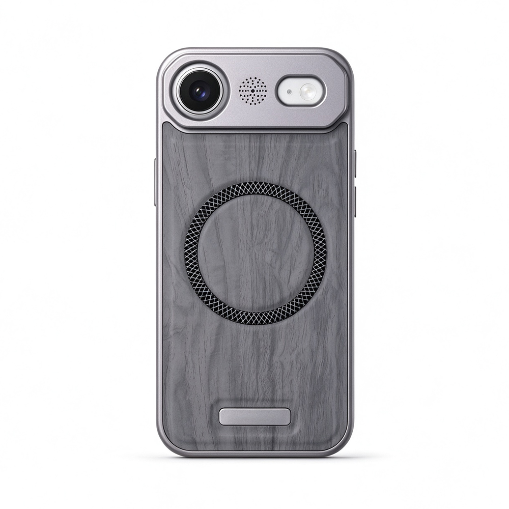 ZeekClub Oak magnetic iPhone case in wood-textured grey with silver frame and magnetic ring, back view
