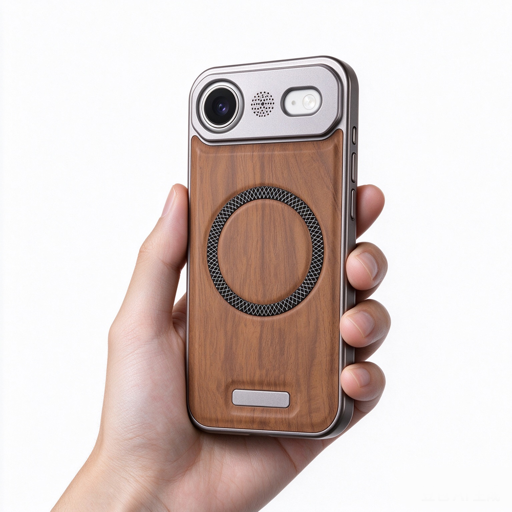 ZeekClub Oak wood-textured magnetic iPhone case held in hand