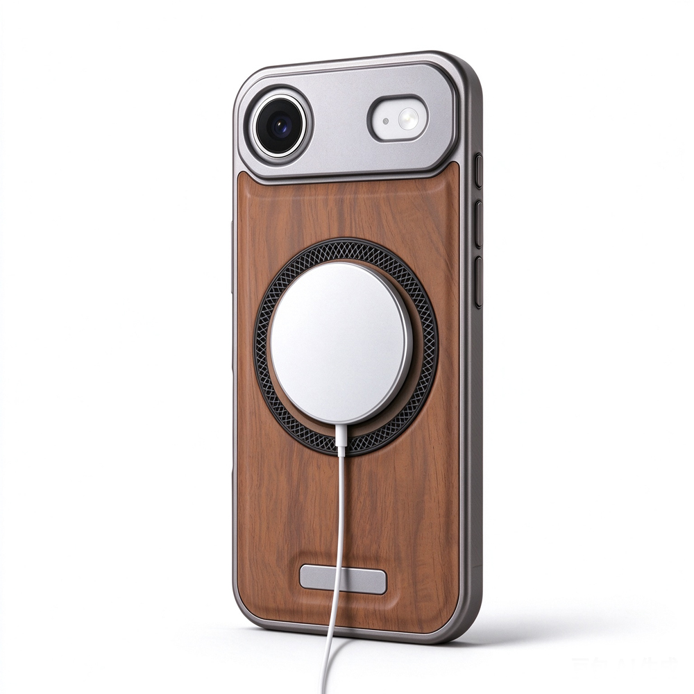 ZeekClub Oak wood-textured magnetic iPhone case with wireless charger attached