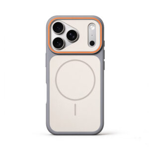 ZeekClub Pearl magnetic iPhone case in cream white with orange camera frame, back view