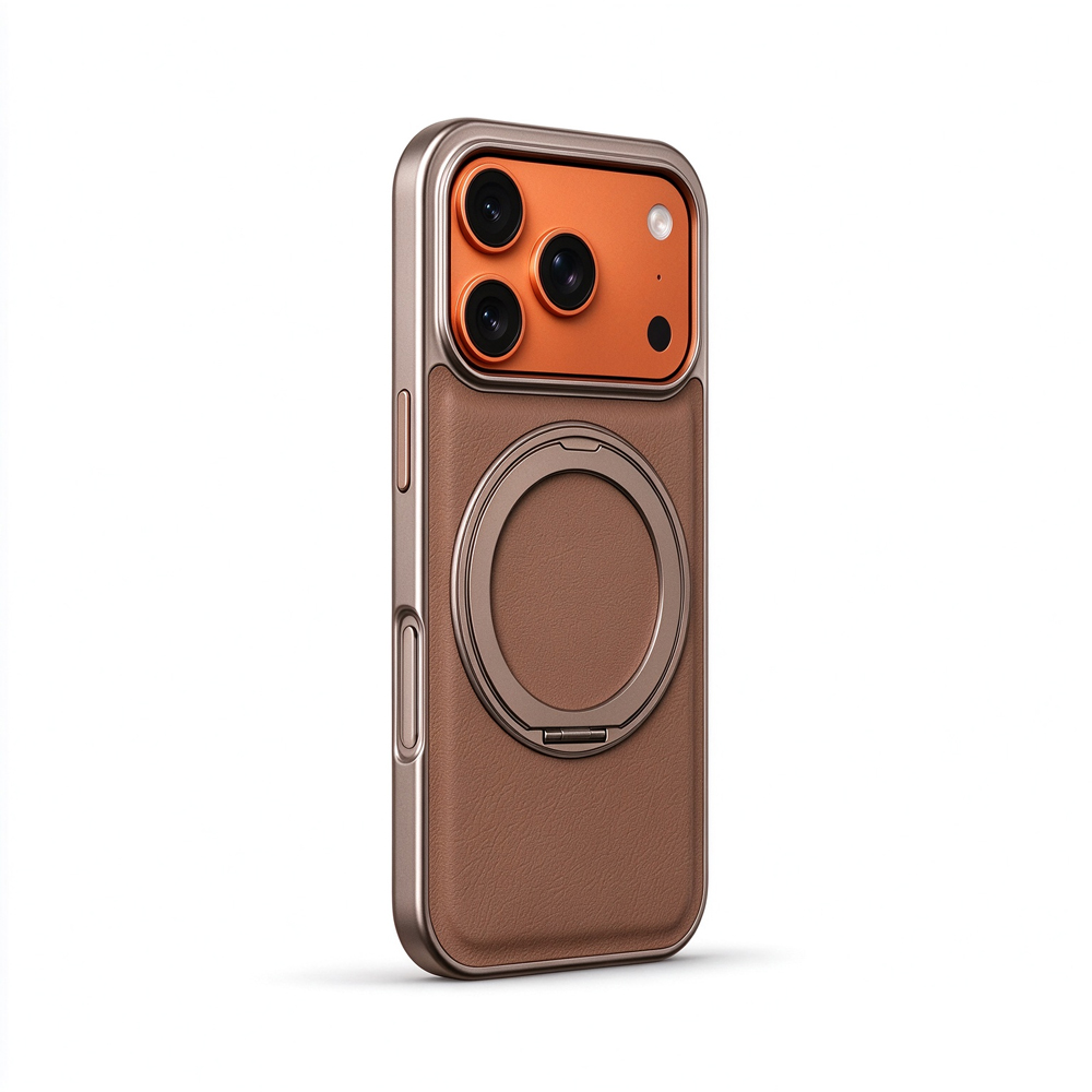 ZeekClub Ridge light brown iPhone case with metallic frame and magnetic ring, side view