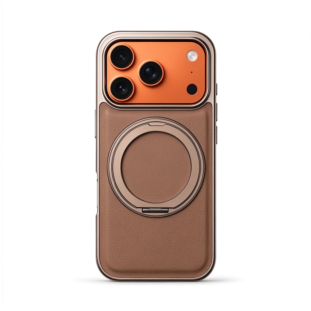 ZeekClub Ridge magnetic iPhone case in light brown textured finish with orange camera ring, back view