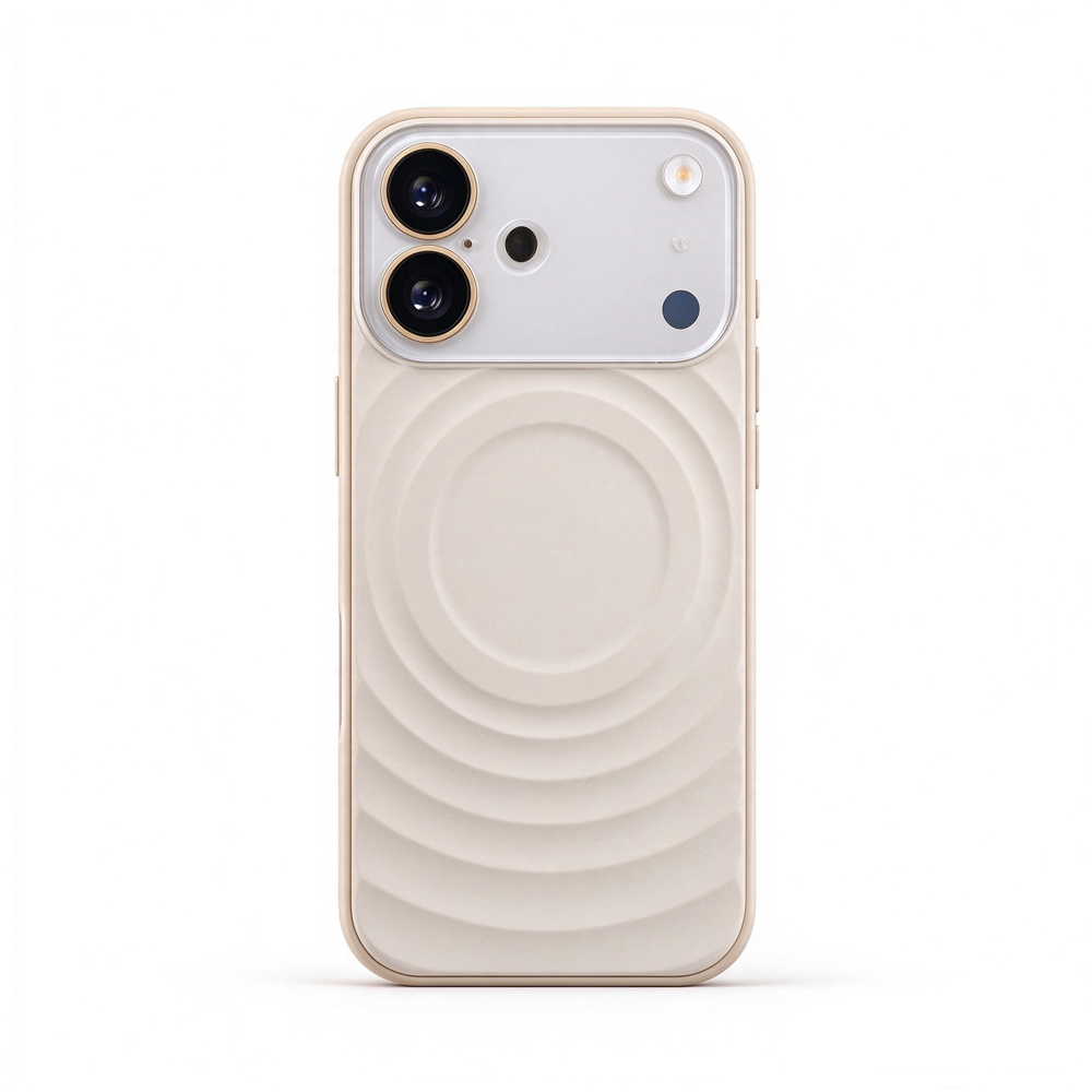 ZeekClub Ripple Beige magnetic iPhone case in beige with ripple texture and magnetic ring, back view