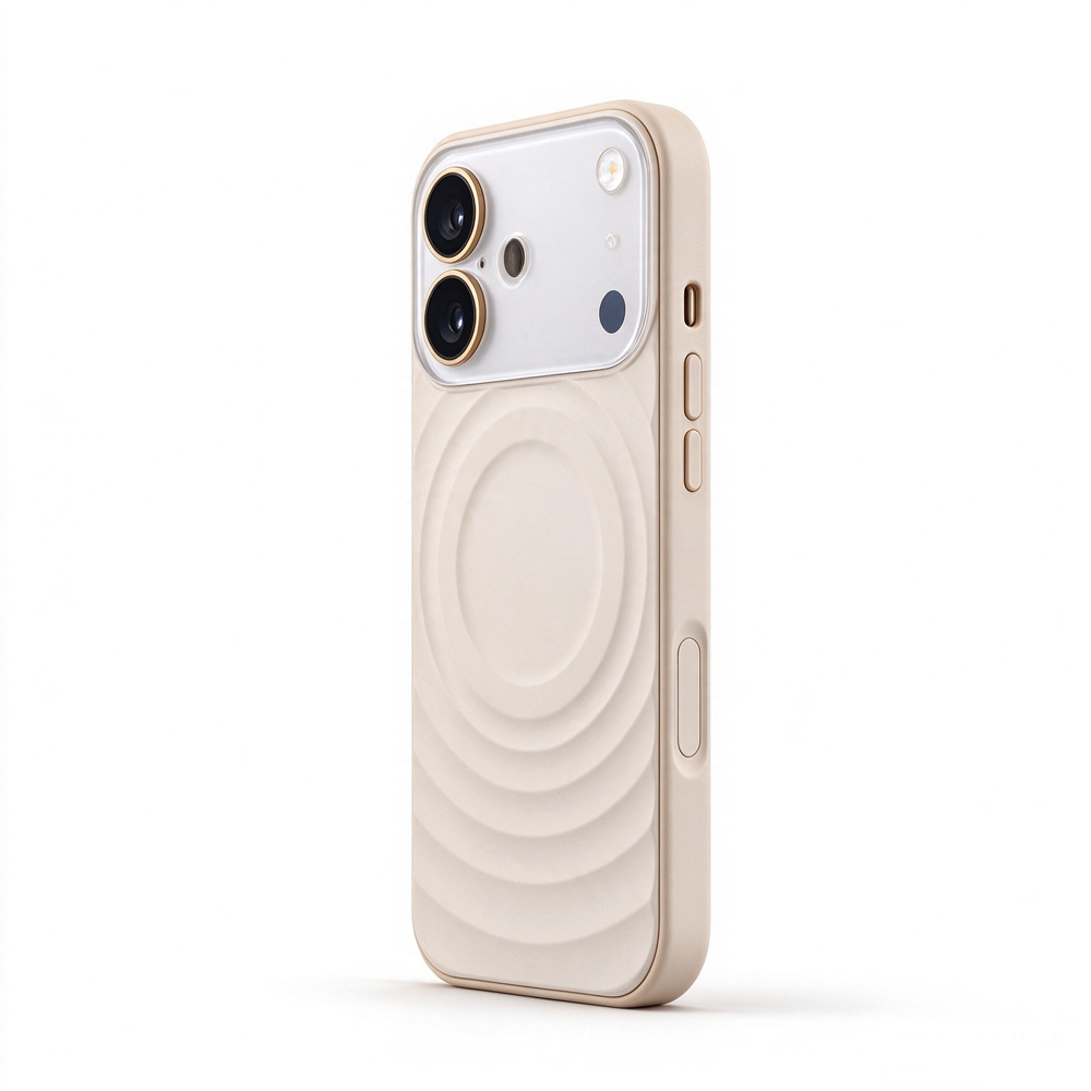 ZeekClub Ripple Beige magnetic iPhone case with ripple back and raised camera cover, side view