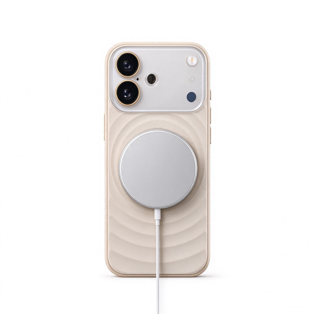 ZeekClub Ripple Beige magnetic iPhone case with wireless charger attached