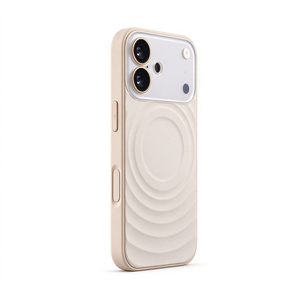 ZeekClub Ripple Beige ripple texture iPhone case with transparent camera guard and gold ring, side view