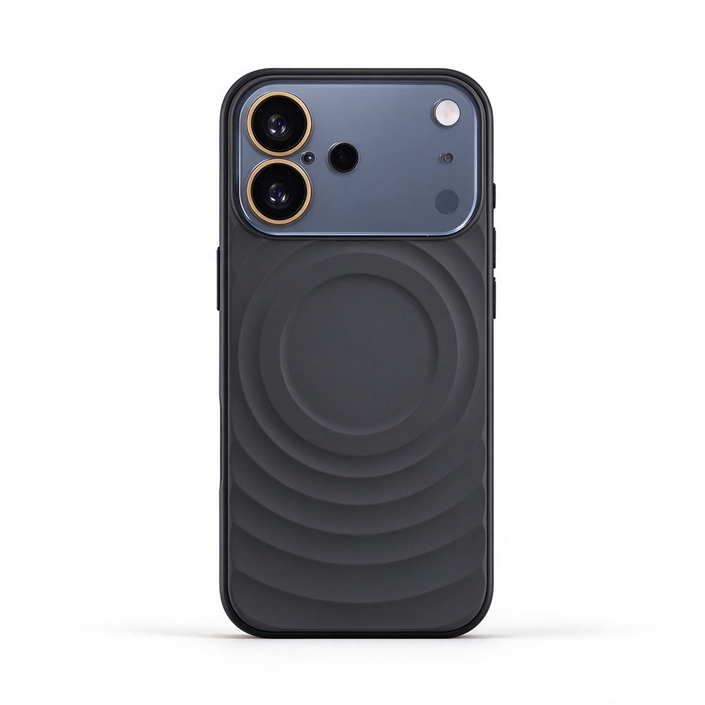 ZeekClub Ripple Black magnetic iPhone case in black with ripple texture and magnetic ring, back view