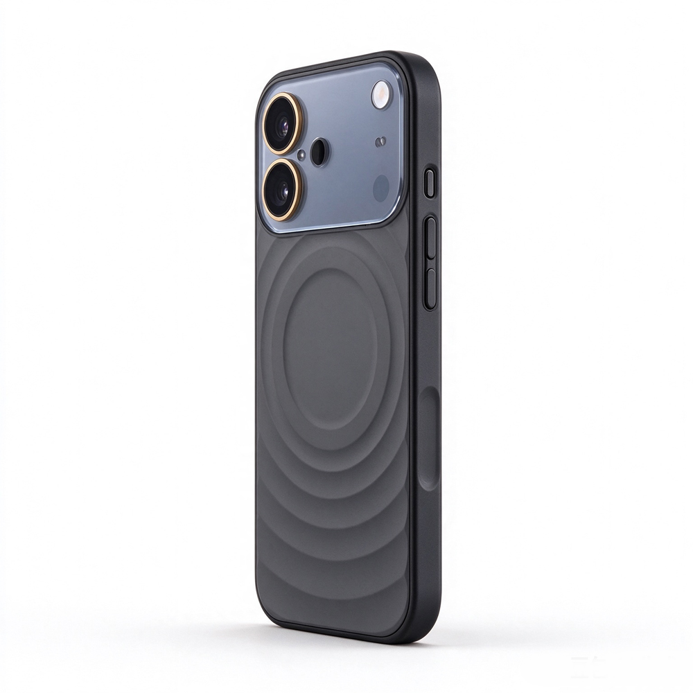 ZeekClub Ripple Black magnetic iPhone case with ripple back and raised camera cover, back view