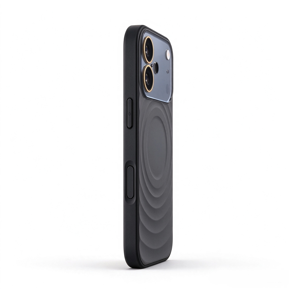 ZeekClub Ripple Black ripple texture iPhone case with transparent camera guard and gold ring, side view