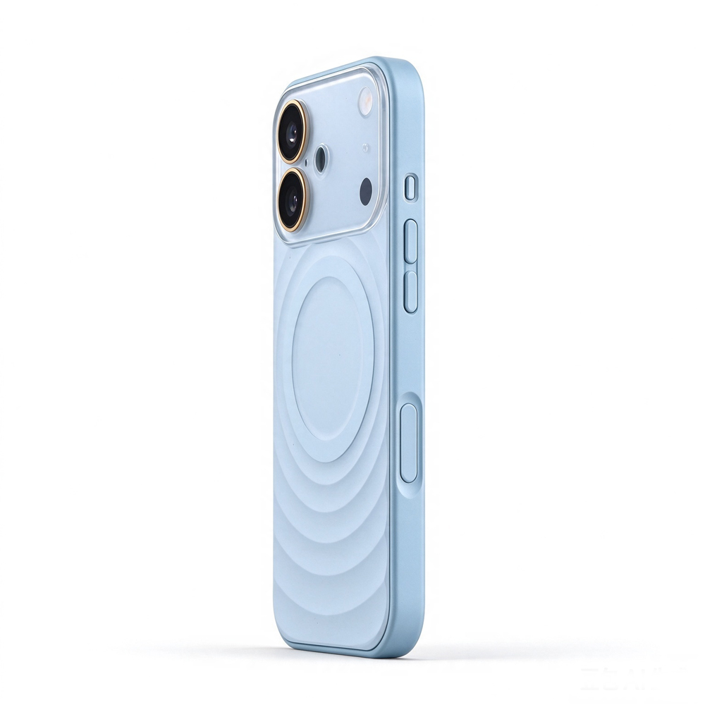 ZeekClub Ripple Glacier Blue magnetic iPhone case with ripple back and raised camera cover, back view