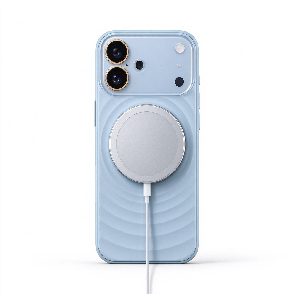 ZeekClub Ripple Glacier Blue magnetic iPhone case with wireless charger attached