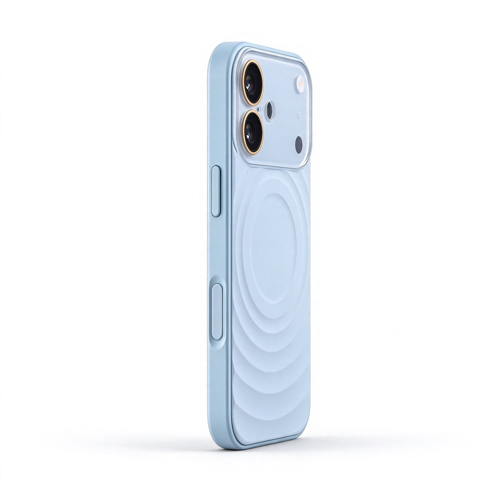 ZeekClub Ripple Glacier Blue ripple texture iPhone case with transparent camera guard and gold ring, side view