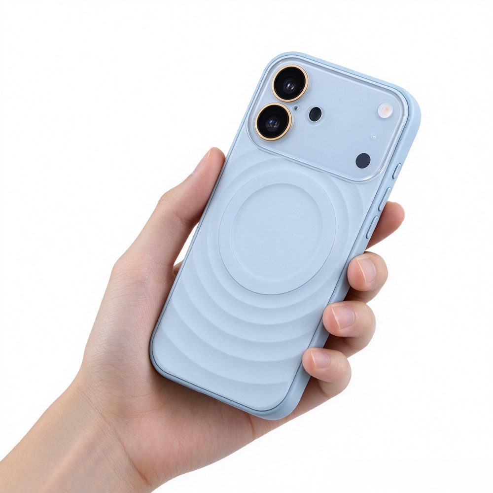 ZeekClub Ripple Glacier Blue ripple texture magnetic iPhone case held in hand