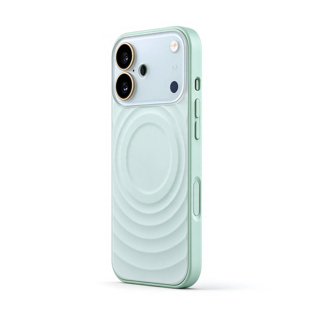 ZeekClub Ripple Mint magnetic iPhone case with ripple back and raised camera cover, side view