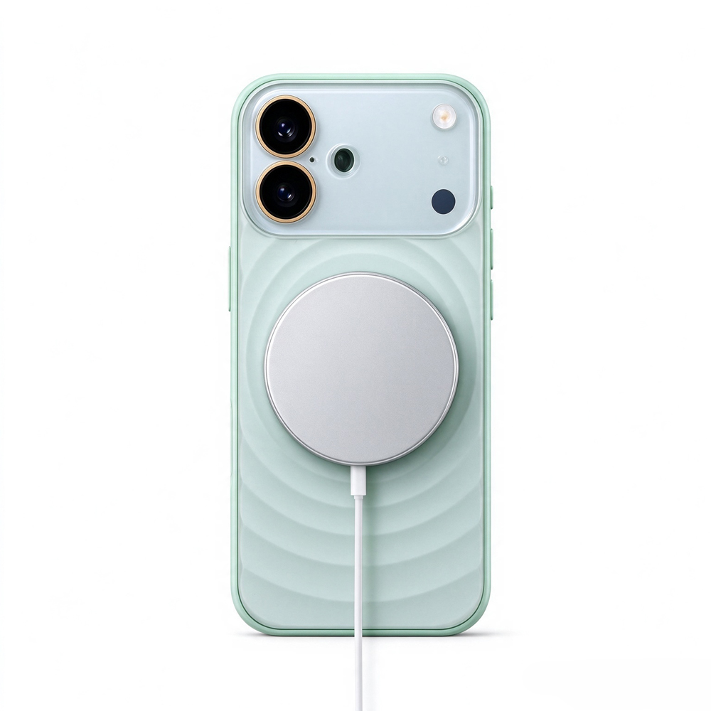 ZeekClub Ripple Mint magnetic iPhone case with wireless charger attached