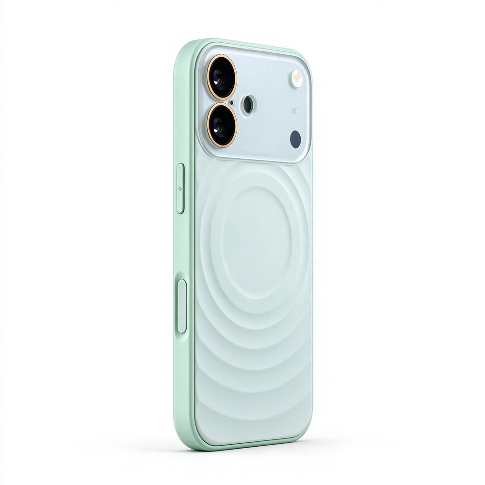 ZeekClub Ripple Mint ripple texture iPhone case with transparent camera guard and gold ring, side view