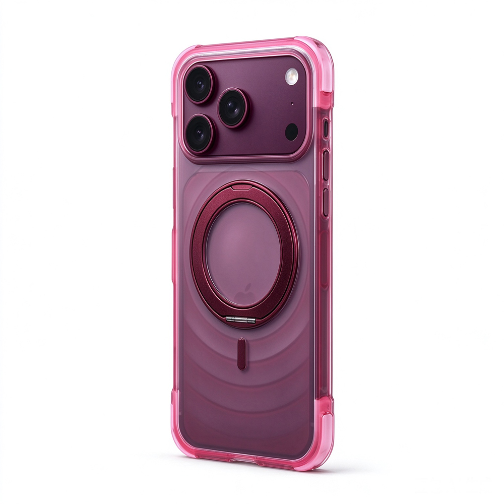ZeekClub Ripple rose pink iPhone case with magnetic ring stand and reinforced corners, side view