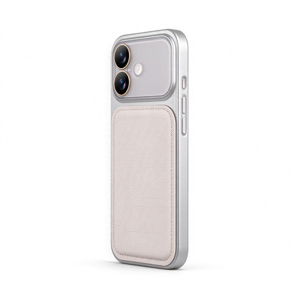 ZeekClub Tweed Taupe iPhone case with gold camera ring and fabric patch back, side view