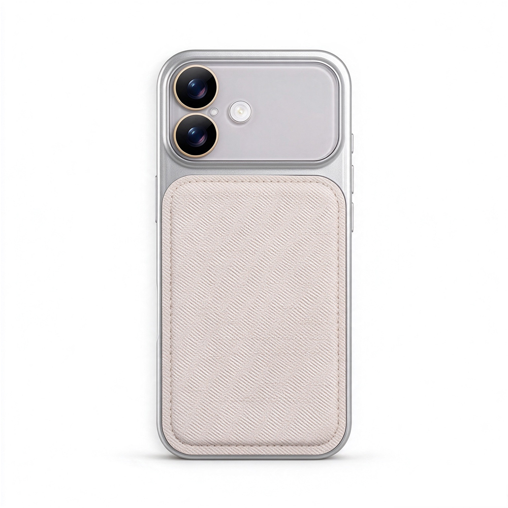 ZeekClub Tweed Taupe iPhone case with woven fabric back, metal frame, and gold camera ring, back view