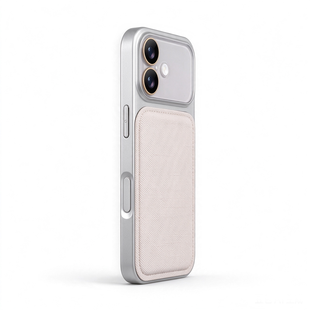 ZeekClub Tweed Taupe iPhone case with woven fabric back panel and metal frame, side view