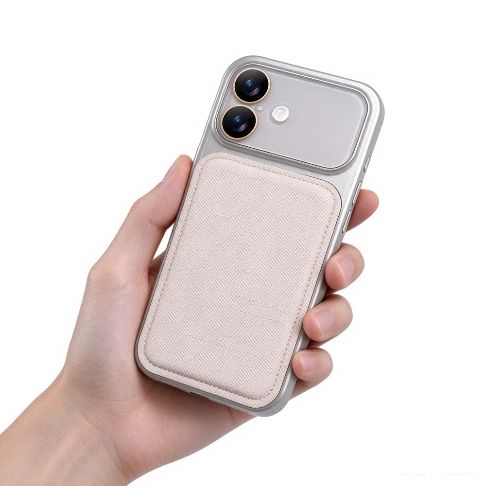 ZeekClub Tweed Taupe woven fabric iPhone case held in hand