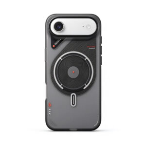 ZeekClub Vortex magnetic iPhone case in deep grey with concentric circle pattern and red accents, back view