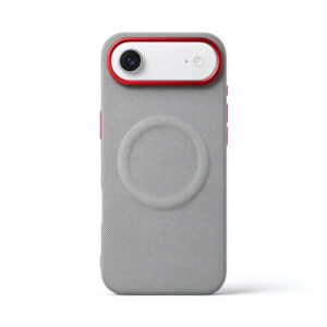 ZeekClub Weave magnetic iPhone case in light grey fabric texture with red camera guard, back view