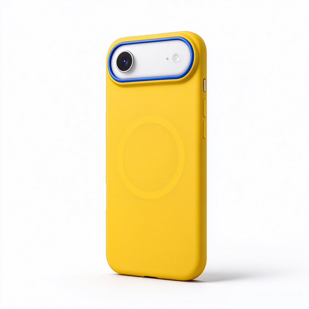 ZeekClub Zephyr yellow iPhone case with blue camera guard and magnetic ring, back view