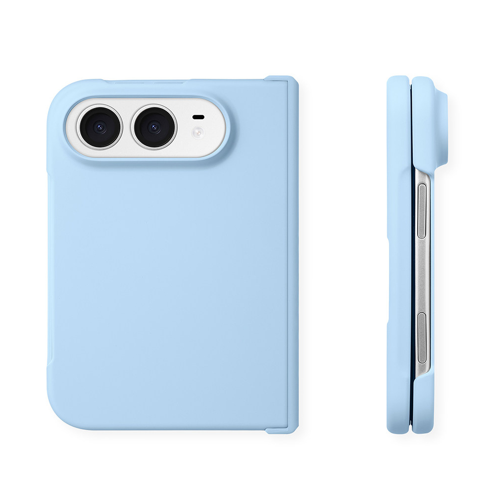 ZeekClub light blue iPhone Duo dopamine case, back view with dual camera cutouts and side profile view