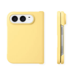ZeekClub light yellow iPhone Duo dopamine case, back view with dual camera cutouts and side profile view